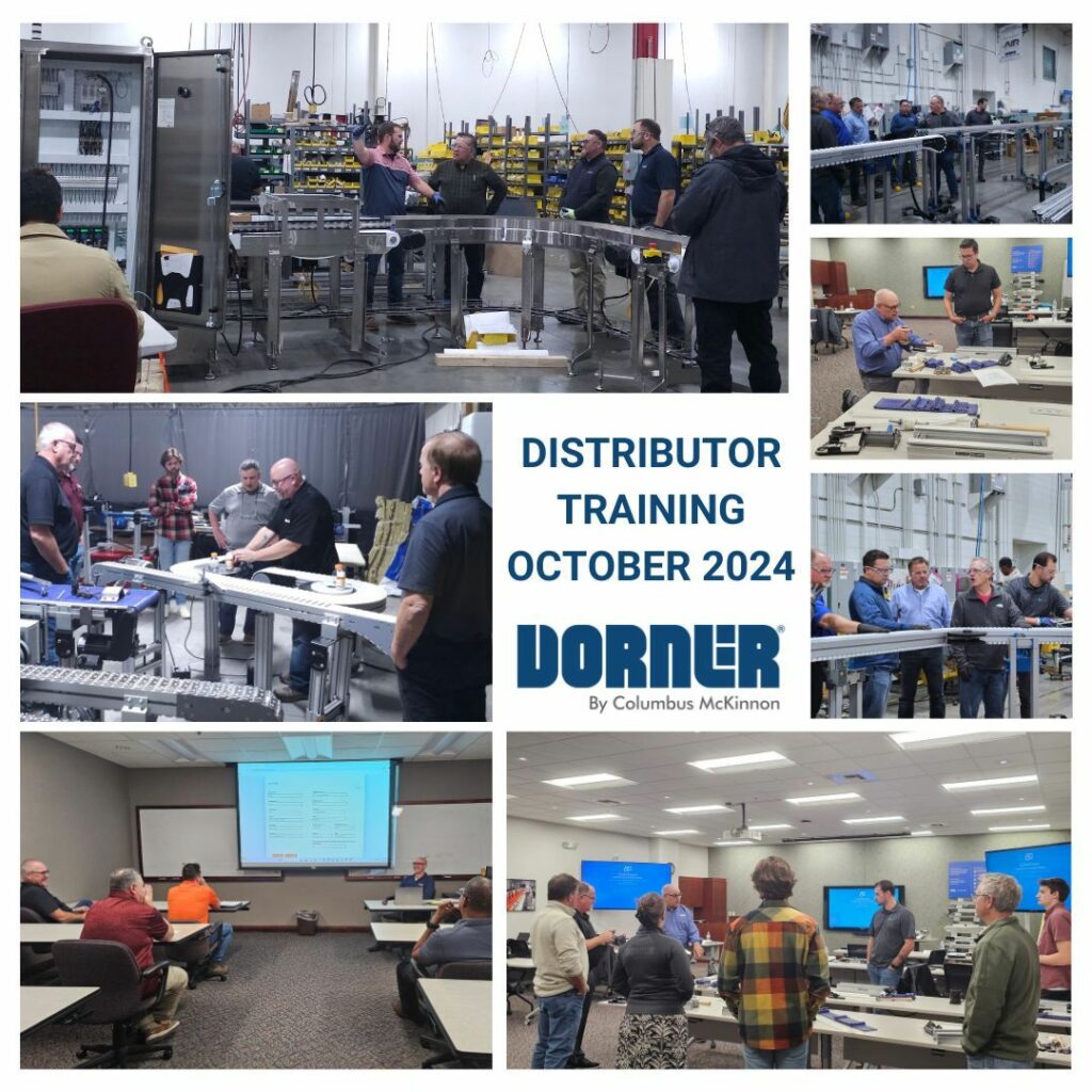 Scenes from Dorner's October 2024 distributor training — precision conveyors on the shop floor and in the classroom.